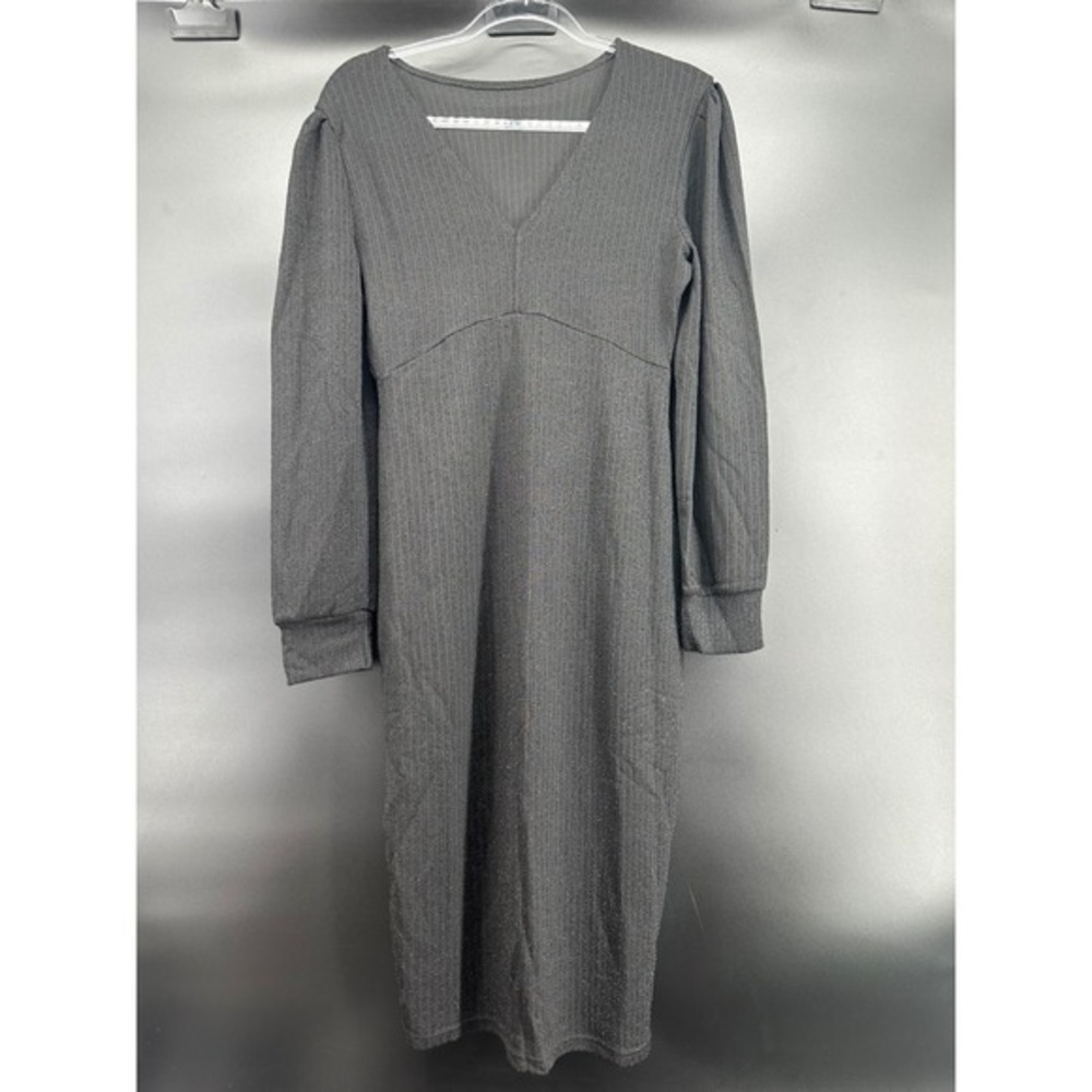 Black Ribbed Metallic Knit V-Neck Long Sleeve Midi Dress Womens Large